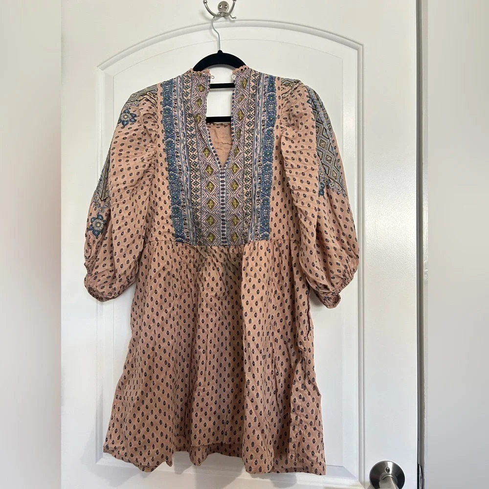 Anthropologie Tunic Embroidered Mauve Mini Dress Size S Boho Western Festival
